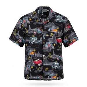 VTG Hot Rod Cars 50s Diner Hawaiian Shirt Mens XL Black Cotton Aloha Button Up